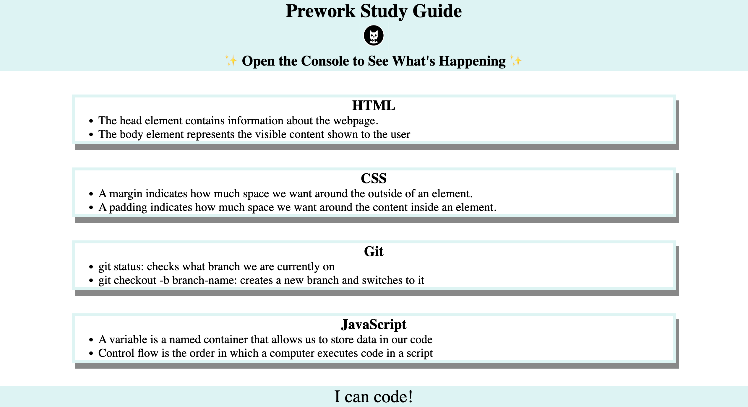 prework study guide screenshot